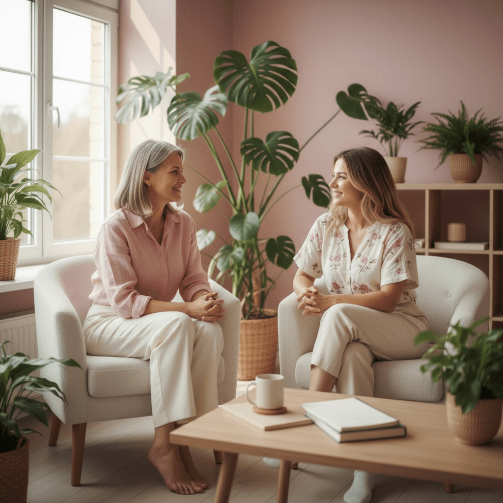 Deux femmes en conversation dans un environnement apaisant